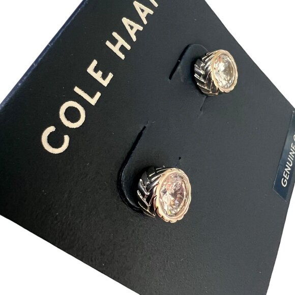 NOC Cole Haan Genuine CZ Basket Weave Bezel Set Stud Earrings Rhodium Pl… - Picture 2 of 6